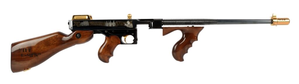 Side view of a detailed airsoft gun with wooden grips and a sleek metallic barrel.