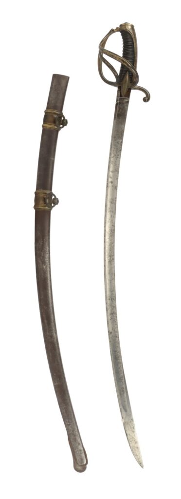 A historical sword with a curved blade and ornate hilt, displayed alongside its scabbard.