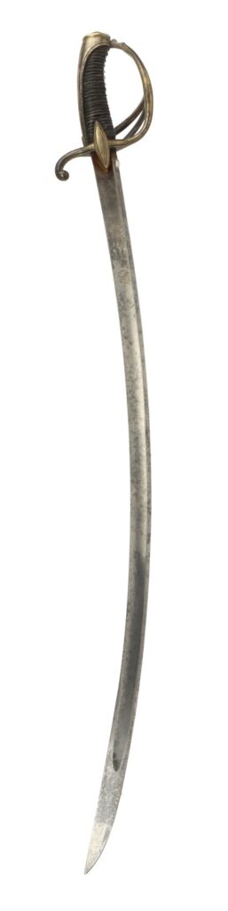 A historical curved sword with a decorative hilt and a long, tapered blade.