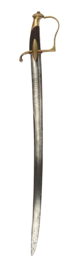 A vintage sword with a curved blade and ornate hilt, featuring a brass grip and guard.