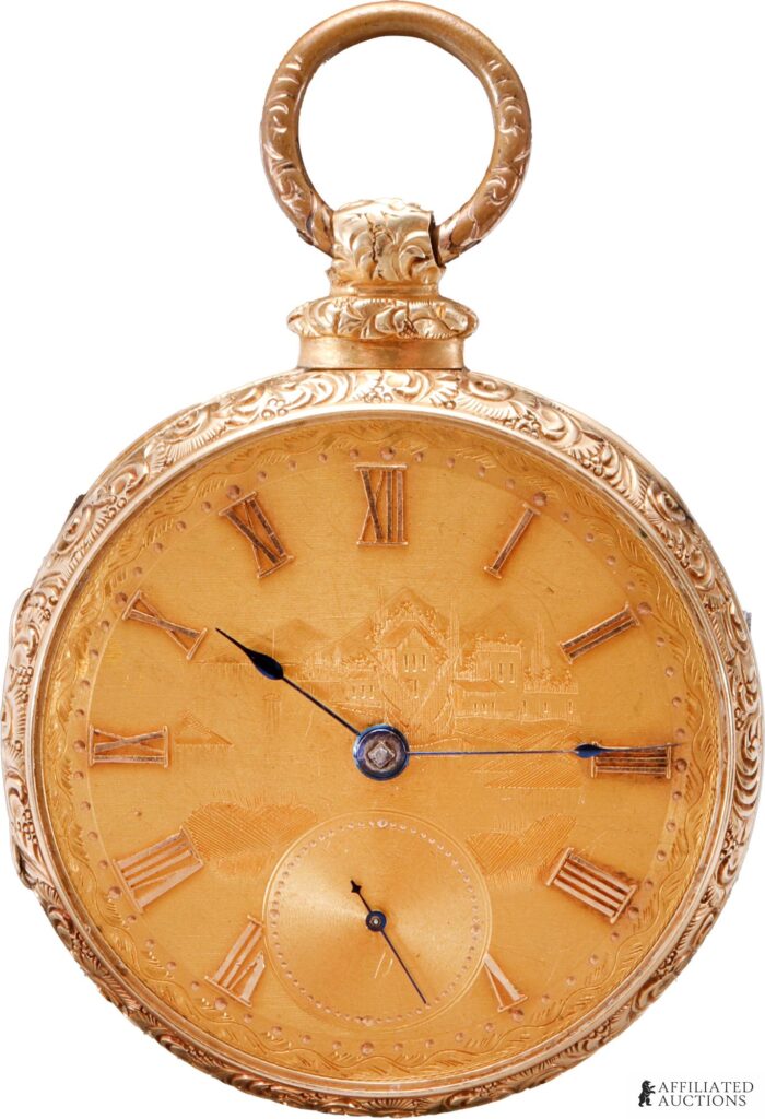 Joseph Johnson Liverpool 14K gold open face pocket watch with engraved gold dial and Roman numerals