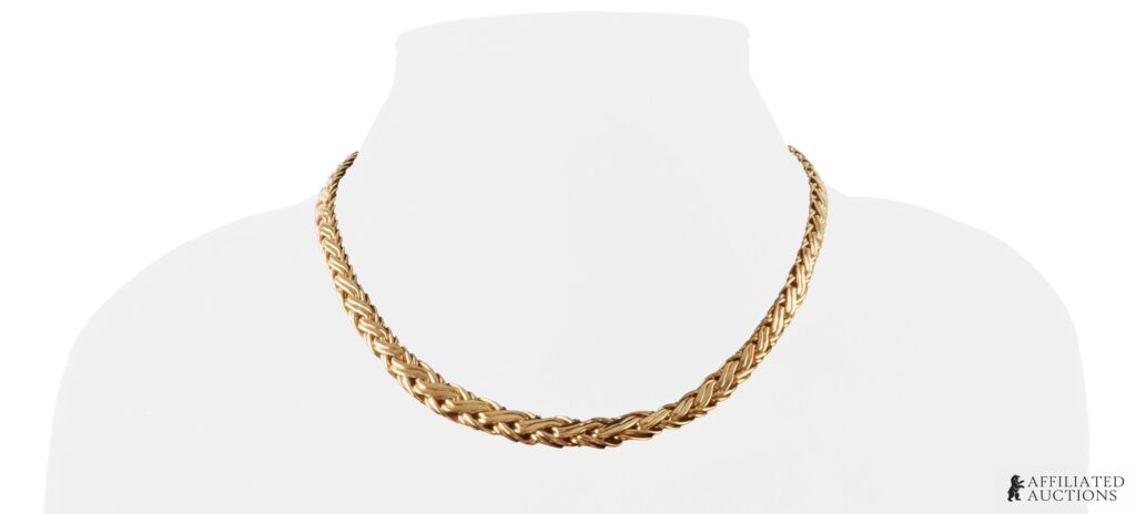 Tiffany & Co. 14K gold Byzantine rope chain necklace on a white display bust