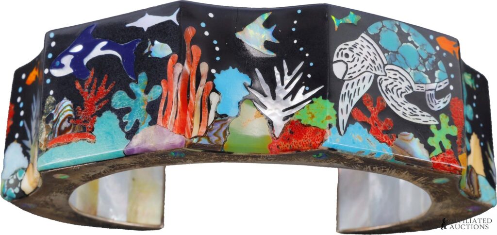 Zuni-inspired sterling silver cuff with stone and mother of pearl aquarium inlay of fish, coral and sea turtle