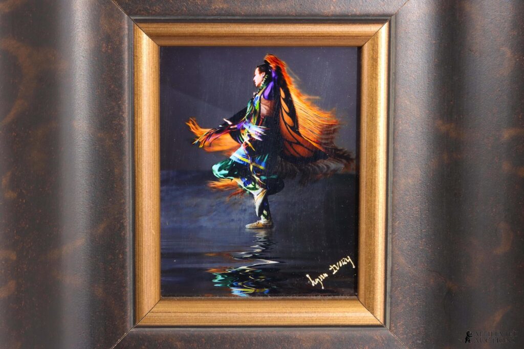 Lynn Ivory art photograph of a Blood Tribe dancer in colorful regalia, in a gold frame